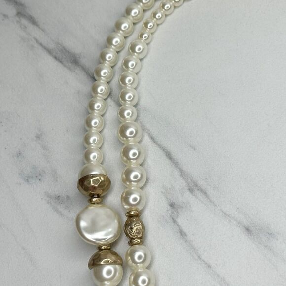 Chico's Layered Double Strand Chunky Faux Pearl Beaded Long Gold Tone Necklace - Picture 13 of 14